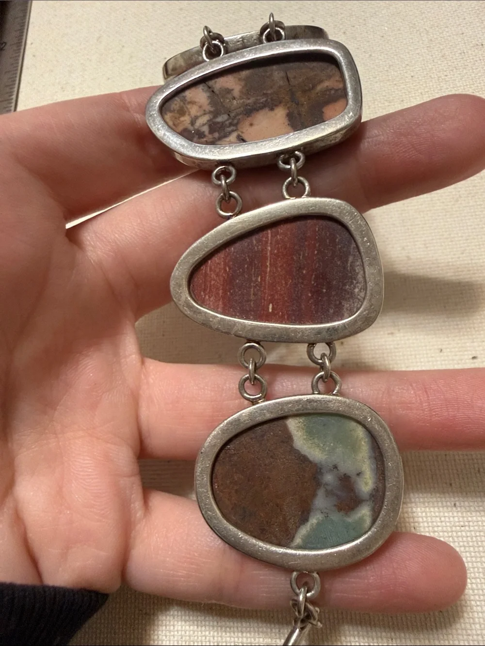 Beautiful Rare Find Sterling Silver 925 Multi-Stone Jasper Link Bracelet 7.5 in